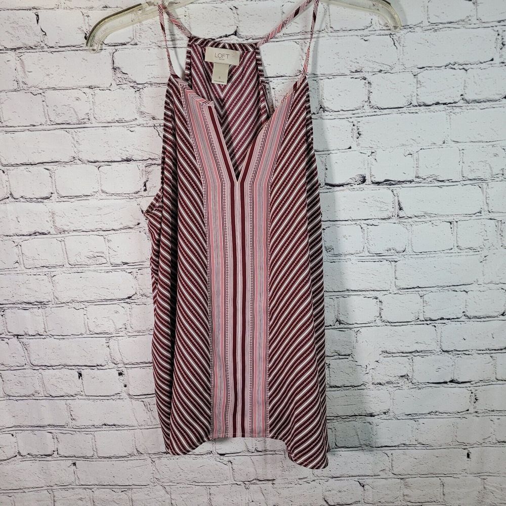 Loft Outlet Halter Cami Womens Small Burgundy Pink Striped Excellent V-Neck Top